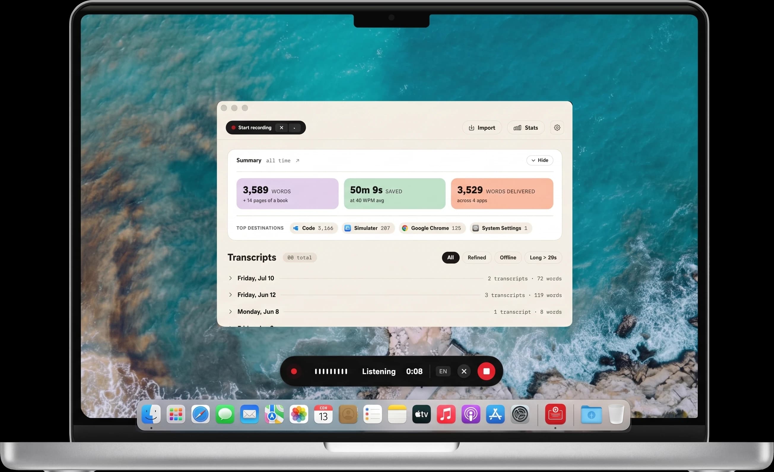 Speech to Note speech to text app for Mac and MacBook showing laptop and phone with recording interface