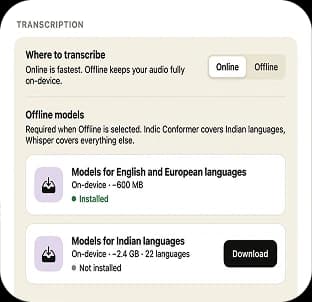 Speech to Note Windows app settings showing offline, on-device transcription mode