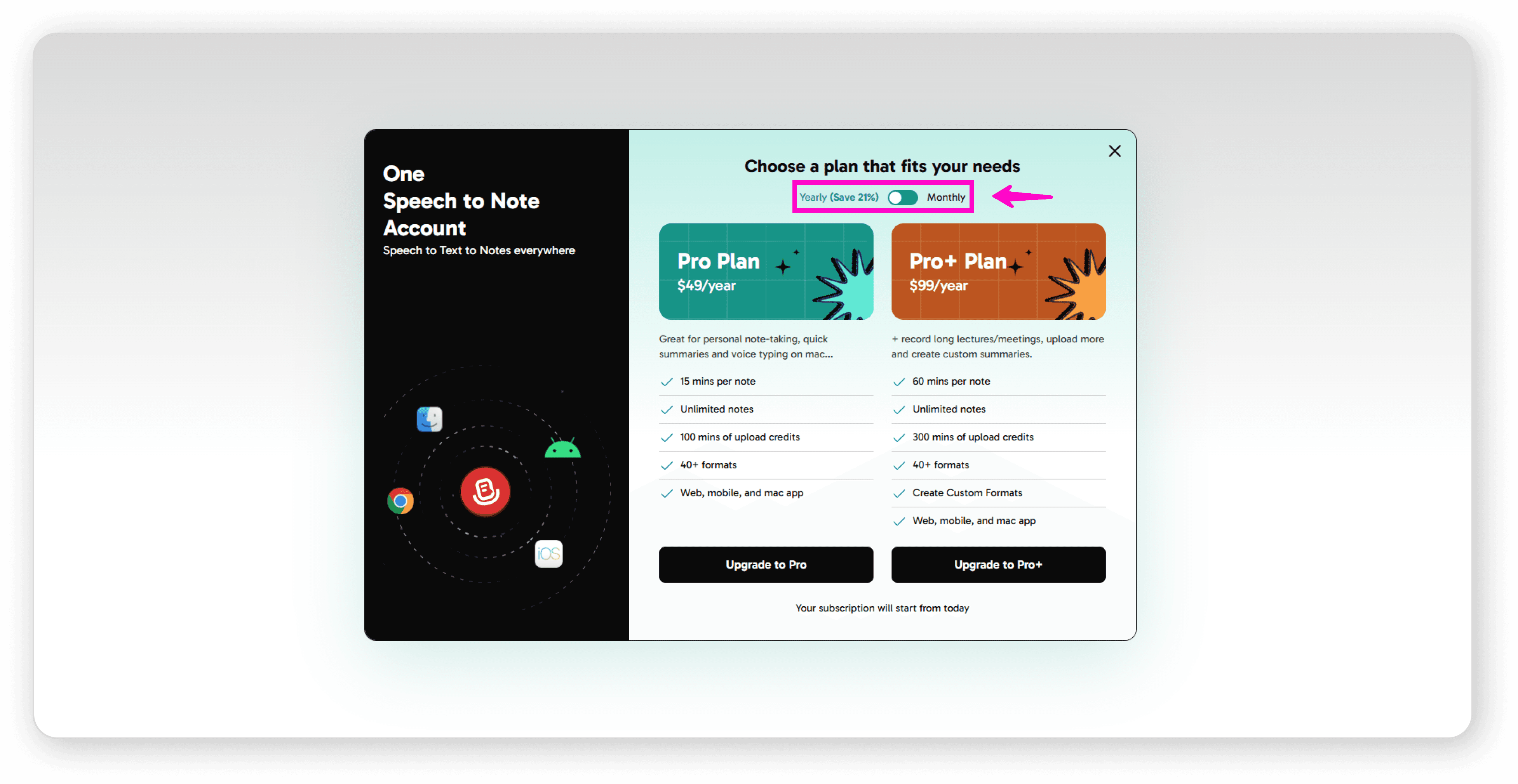 Annual vs Monthly billing toggle