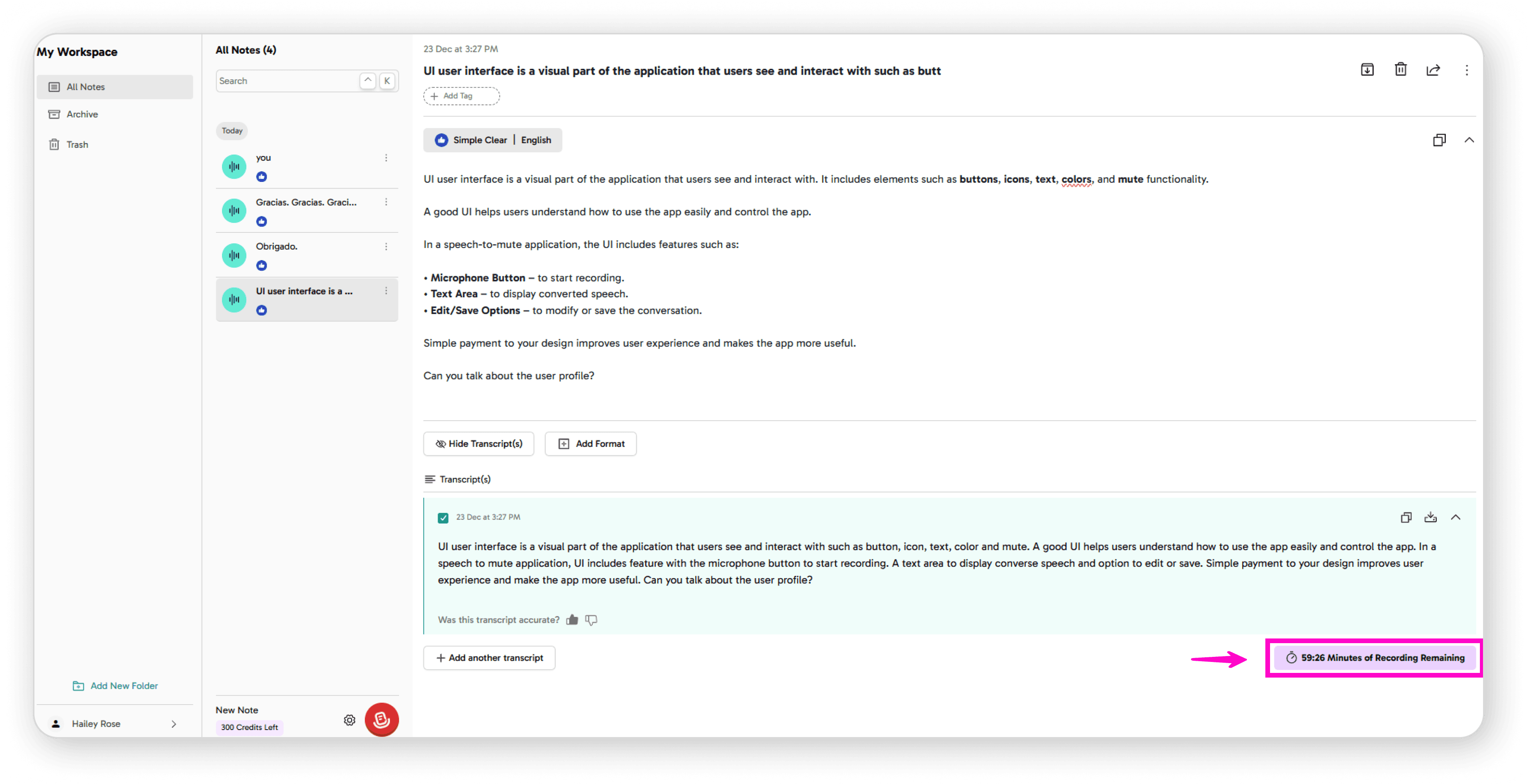 Remaining recording minutes