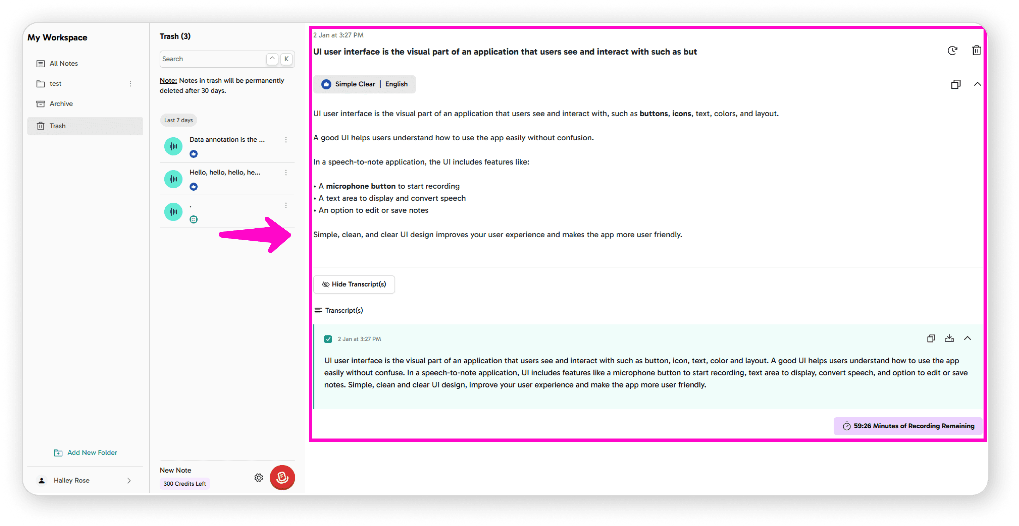 Select note to restore