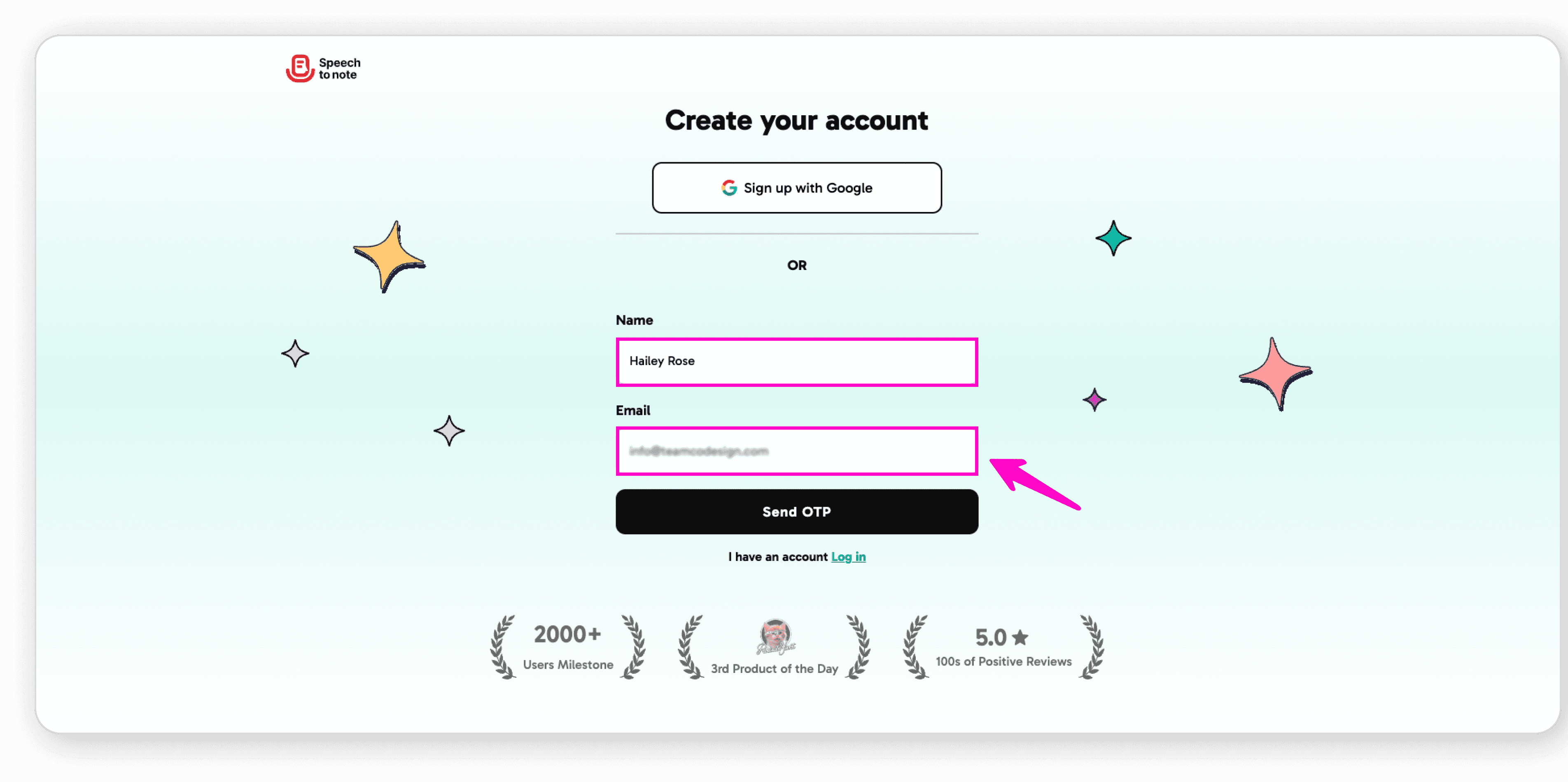 Enter name and email