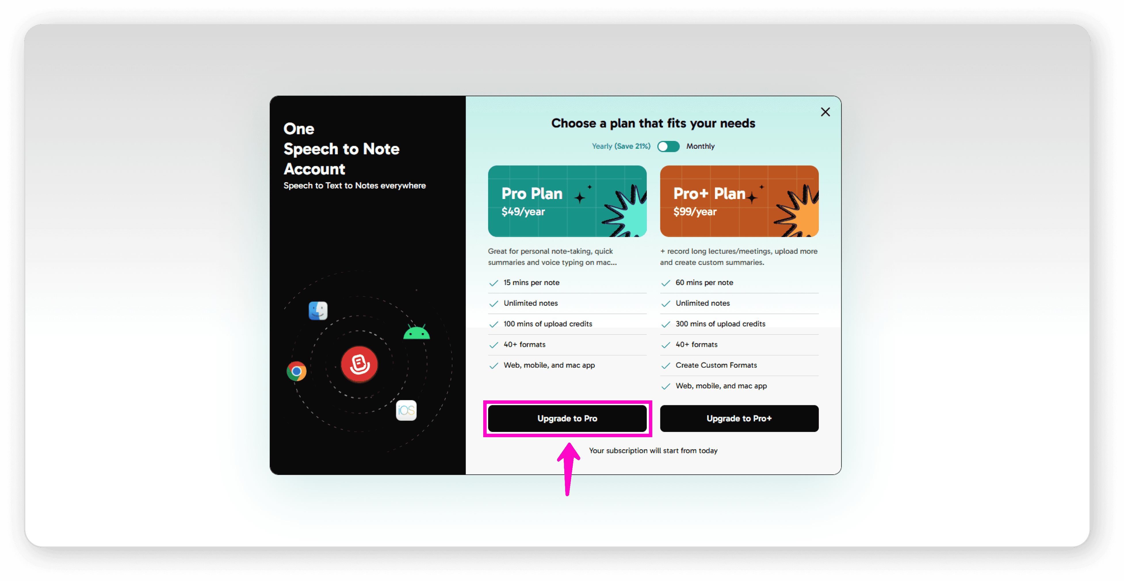 Upgrade to Pro button