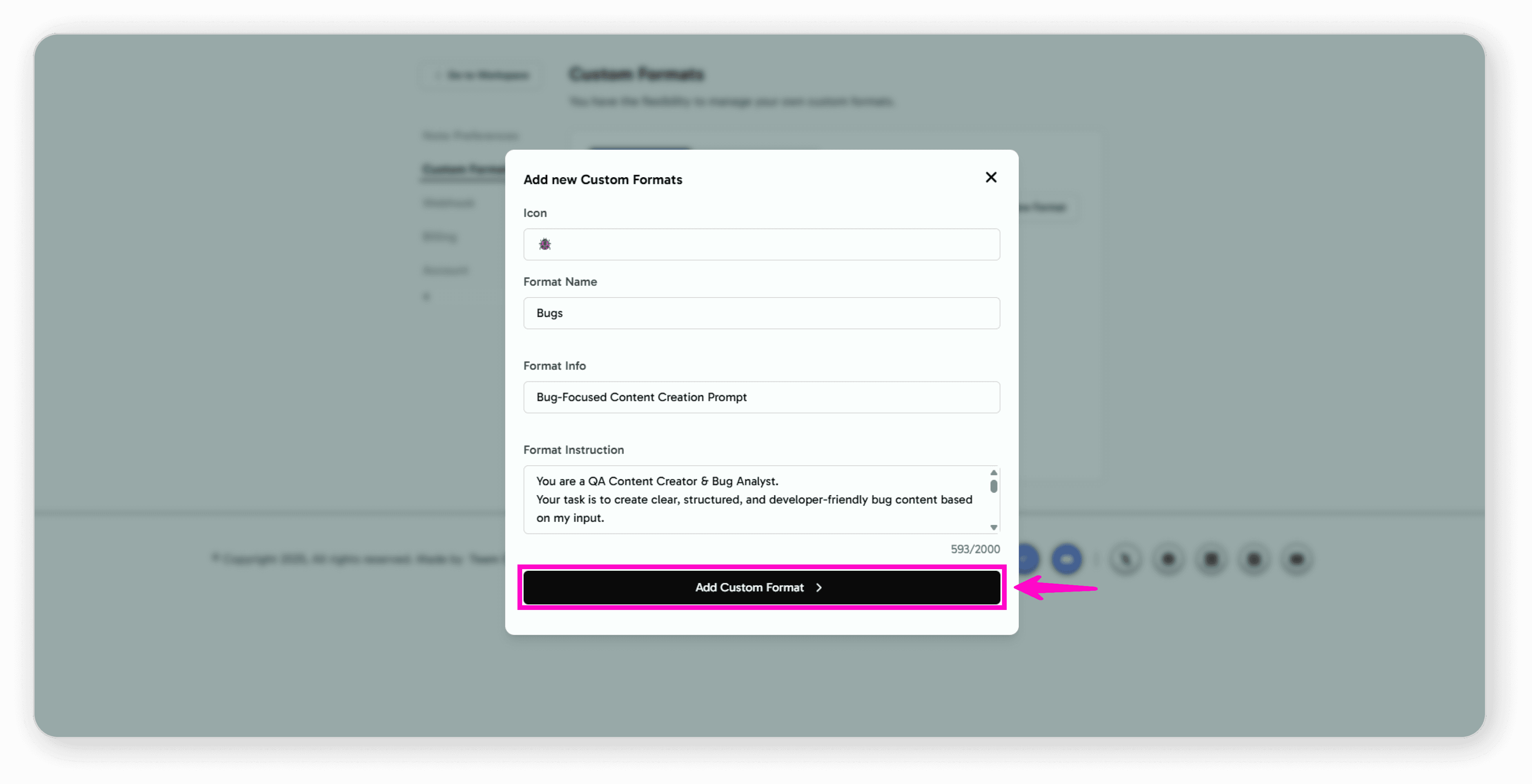 Add Custom Format button