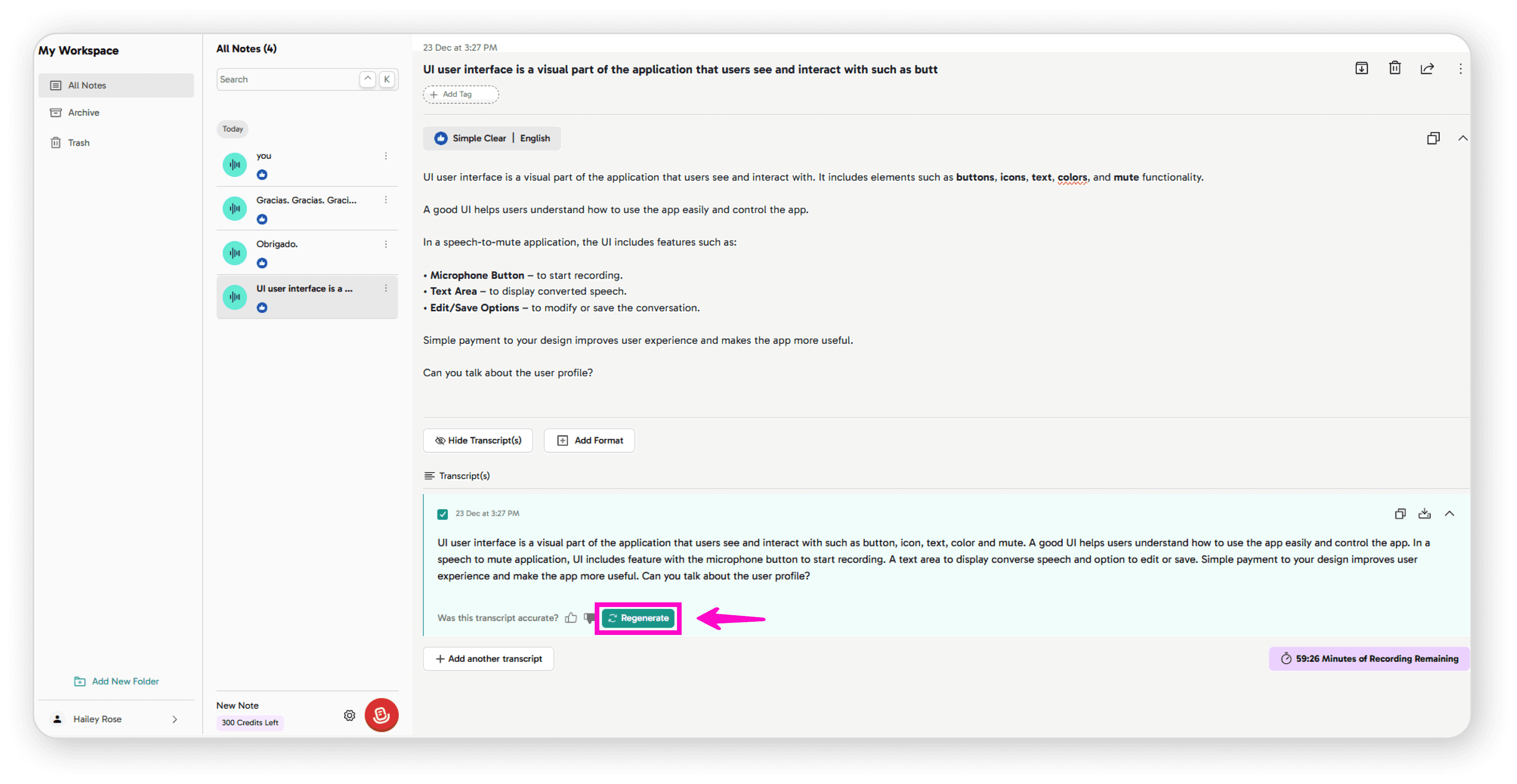 Regenerate Transcript option