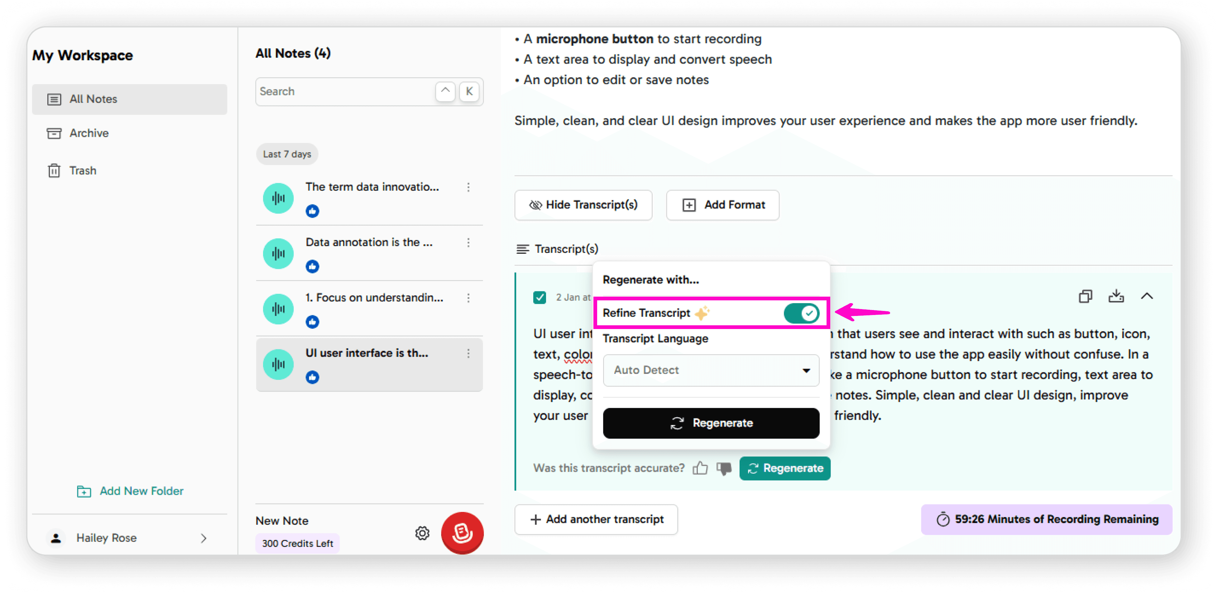 Refine Transcript button