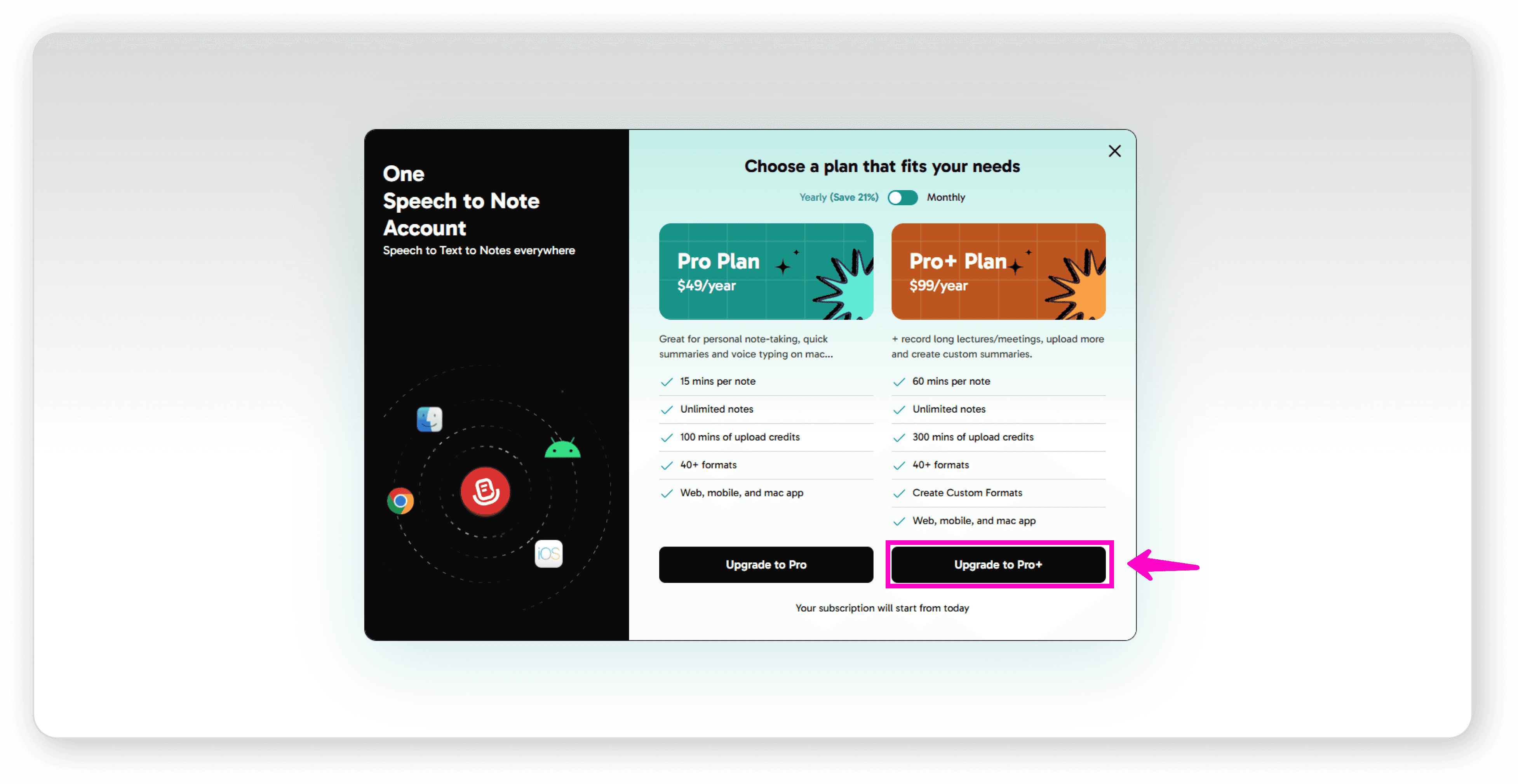Upgrade to Pro+ button