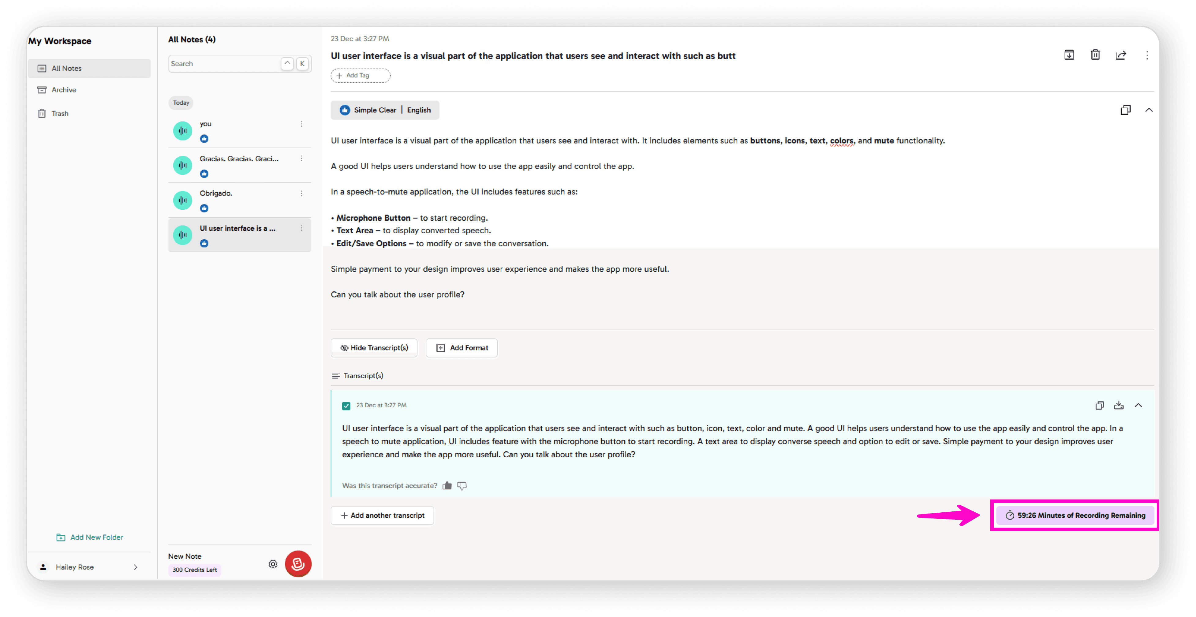 Remaining recording minutes