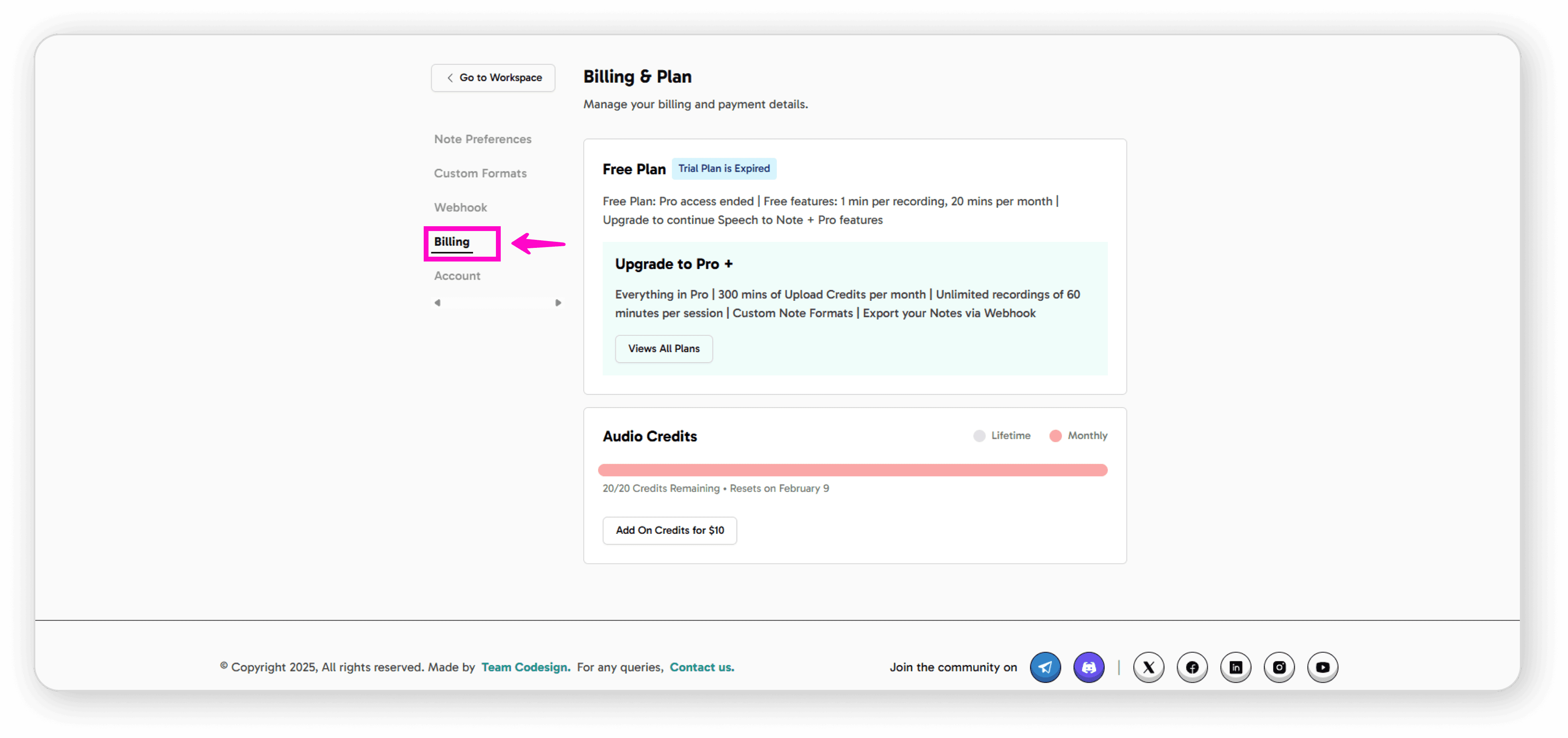 Billing in dashboard