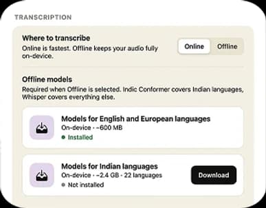 Speech to Note Windows app settings showing offline, on-device transcription mode